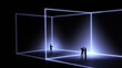 © Lustre Art Group  - Immersive mixed media two teams interacting inside luminous geometric space. Concept of collaboration, digital workplace, strategic communication and innovation driven corporate environment.