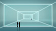 © Lustre Art Group  - Minimal composition professionals inside luminous virtual room interface. Concept of real estate launch, digital platform UI design, spatial computing and connected ecosystem.