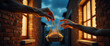 © Vladimir - Two hands exchanging a basket of bread at dusk in cozy alley