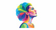 © Sandi - Vibrant portrait of a woman with colorful hair and makeup looking up against a white background with pop art style