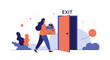 © Jack - Young woman carrying cardboard boxes with her personal belongings towards an open office door with an exit sign on top of it.