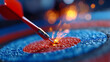 © Olha Havelia - Cinematic macro shot of a red dart striking the center of a glowing bullseye. Textured circular target with neon blue rings and orange sparks at the impact point. Dark atmosphere f