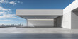 © DifferR - Open air showroom featuring  smooth concrete floor under clear blue sky and urban city skyline with towering skyscrapers. Expansive concrete floor provides copy space, ideal as display background.