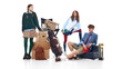 © Lustre Art Group  - Teen students posing with boxes, golf bag and trophy isolated on white. Concept of achievement, extracurricular activities, youth ambition and academic lifestyle branding.