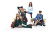 © Lustre Art Group  - Teen students posing with books, storage boxes and trophy isolated on white. Concept of academic achievement, youth lifestyle, school season campaign and fashion inspired education content.