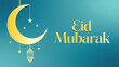 © Heymbe Design - A golden crescent moon with hanging stars and a lantern on a teal background, featuring the text 'Eid Mubarak' in elegant gold lettering.