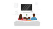 © Afsana - A man and woman sit with three children on a white sofa in a minimalist room while looking at a wall mounted television.
