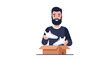 © Afsana - A smiling bearded man wearing a dark blue sweater holds a pair of white sneakers over an open brown cardboard box against a white background.