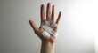 © MdLutfur - A hand with fingers wrapped in white medical tape on a plain background
