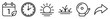 © Graphic Genius - Set of six black linear icons representing concepts of time, seasons, and daily routines, including a calendar, clock, sun, grass, alarm bell, and arrow for user interface design