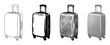 © Graphic Genius - Four black and white illustrations of suitcases showing different artistic styles including line art, silhouette, detailed engraving, and a halftone dot pattern for travel concepts