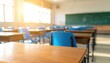 © Happy - Empty sunlit classroom with wooden desks and blue chairs in school interior