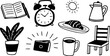 © zeshan - Assortment of morning routine and lifestyle doodle icons includes a notebook, alarm clock, sun, teapot, houseplant, glowing wallet, coffee mug, and chair for daily organization.