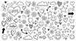 © Vektoris - Collection of various doodle elements including hearts, stars, and smileys arranged together in a playful illustration