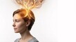 © ModernIndustrialTech - A woman's profile with glowing, intricate energy patterns emanating from her mind, symbolizing creativity and thought processes.