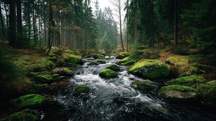  Tranquil Stream Flowing Through Lush Green Forest with Mossy Rocks and Autumn Foliage in Soft Natural Light