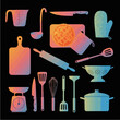 © ika - Collection of colorful kitchen utensils and cooking equipment.