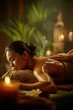 © rabbit75_fot - Therapy stress release treatment, health lifestyle. In this image we can see a woman lying on a pillow. We can also see a candle, a flower and some objects placed on the surface.