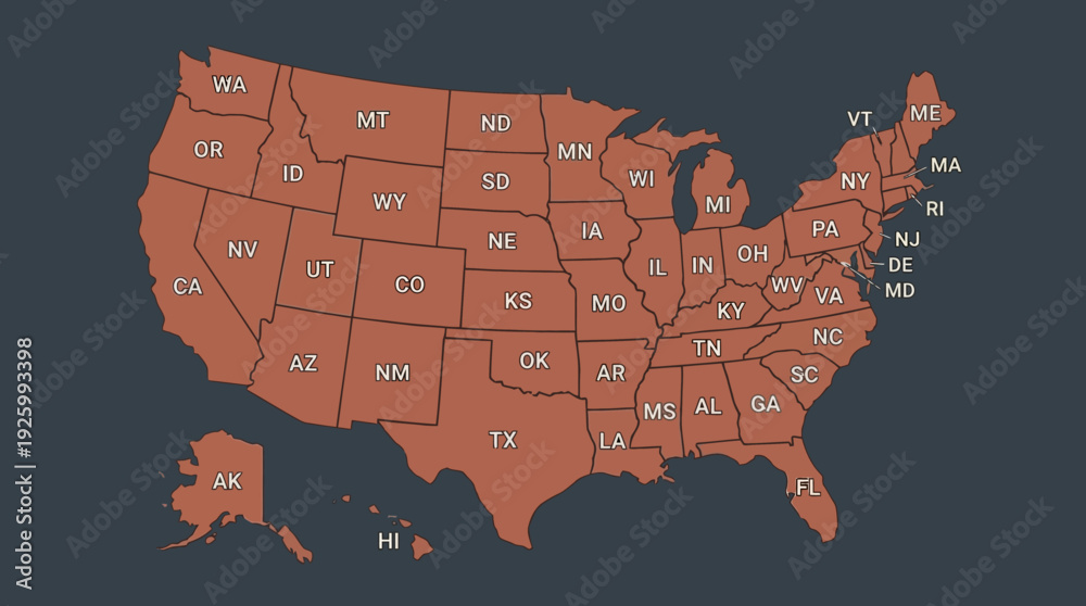 United States Map with All 50 States Labeled by Abbreviation. Modern ...