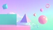 © shanocreatives - 'Surreal pastel-colored digital scene featuring floating 3D geometric shapes including a blue cube, purple pyramid, pink sphere, pink torus, cone, and rectangular prism. The background consists of sof