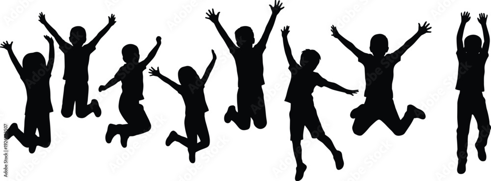 Happy jumping children silhouettes, playful boys and girls celebrating ...