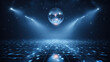 © MT Gallery - Vibrant blue disco background features shimmering disco ball suspended above dance floor illuminated by soft lights. atmosphere is energetic and inviting, perfect for dancing and celebration