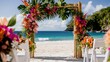 © Polina - A vibrant, exotic arch for a destination beach wedding. The arch is made of bamboo or driftwood, dripping with tropical greenery like philodendron and birds of paradise leaves