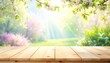 © Reabetswe - Vibrant Spring Garden Background with Wooden Table and Cherry Blossom Branches - Perfect for Product Display and Seasonal Themes