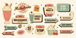 © Dukhanina Ekaterina - Retro milkshake sticker roadsign set with signs, arrows and badges. Vintage drink and dessert elements for menus, branding, posters. Vector illustration in mid century 50s style
