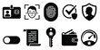 © NoobCreaTion - Security and identity verification icons set including id card, fingerprint, shield, and key for protection and authentication purposes online.