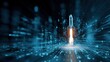 © Robbie - Rocket emerging from digital data stream on blue background, binary code and network connections, symbolizing AI tech launch innovation and progress dynamic concept