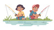 © FARUK - A colorful illustration of two children fishing together on a serene pond on transparent background