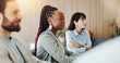 © DavidsPrime/peopleimages.com - Audience, listening and meeting with business woman in boardroom for development or education. Attention, happy and workshop with corporate employee at table in office for seminar or upskill training