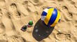 © xyz - Beach Ball and Sunglasses on Sandy Beach.