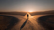© Sadia - Lone businessman standing at a desert crossroads at sunset, symbolizing decision making, choice, and pathfinding in life or career.