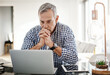 © peopleimages.com - Thinking, remote work and mature man on laptop for investment choice, solution and problem solving. House, finance and person on computer with ideas, brainstorming and insight for budget planning