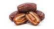 © zalifx - Close-up of a small pile of fresh, ripe dates, with one cut in half revealing its sweet interior and pit, isolated on a white background.