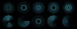 © Anastasiia - Set of futuristic circular elements composed of glowing light blue spirals, concentric lines, and halftone dots