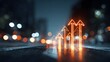 © Kdhtdg - Group of luminous orange arrows climbing through urban night scene symbolizing recovery financial stability wealth creation company evolution positive trends and successful business operations