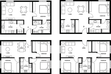Naklejka na meble Apartment floor plan layout set, modern house blueprint interior design with living dining kitchen bedroom top view