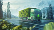 © MinaNasrin - Eco friendly electric truck driving on a scenic road surrounded by nature.