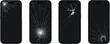 © Itz Mehedi - Cracked smartphone screen collection with shattered glass impact marks, damaged mobile display mockups, black background device frames, repair and replacement concept isolated on white