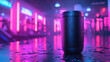 © Martinesku - Shaker bottle standing on a gym floor under vibrant neon light. Fitness hydration and supplement concept.