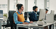 © P2000/peopleimages.com - Computer, contact us and happy woman in call center for help desk, technical support or coworking. Smile, hotline or consultant with technology for customer service, IT solution or network connection