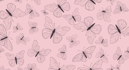 Naklejka na meble Beautiful seamless pattern featuring various butterfly silhouettes and line art outlines on a soft pink background.