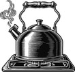 © Purple_Lamp - Whistling kettle on gas stove burner with steam rising vintage engraving illustration