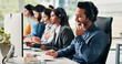 © P2000/peopleimages.com - Virtual assistant, staff or happy man with technology in call center, customer care or communication. Troubleshooting, online advice or helpdesk agent consulting with client, headset or pc for people