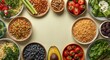 © The 2R Artificiality - Vegan ethical eating choices with plant based meals including fruits grains legumes nuts and vitamin rich vegetables