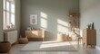 © The 2R Artificiality - Calm Scandinavian childroom with wooden furniture and eucalyptus colored walls