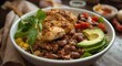 © TheWaterMeloonProjec - Scrumptious lunch burrito bowl with tender chicken rice beans corn fresh tomato avocado and crisp spinach